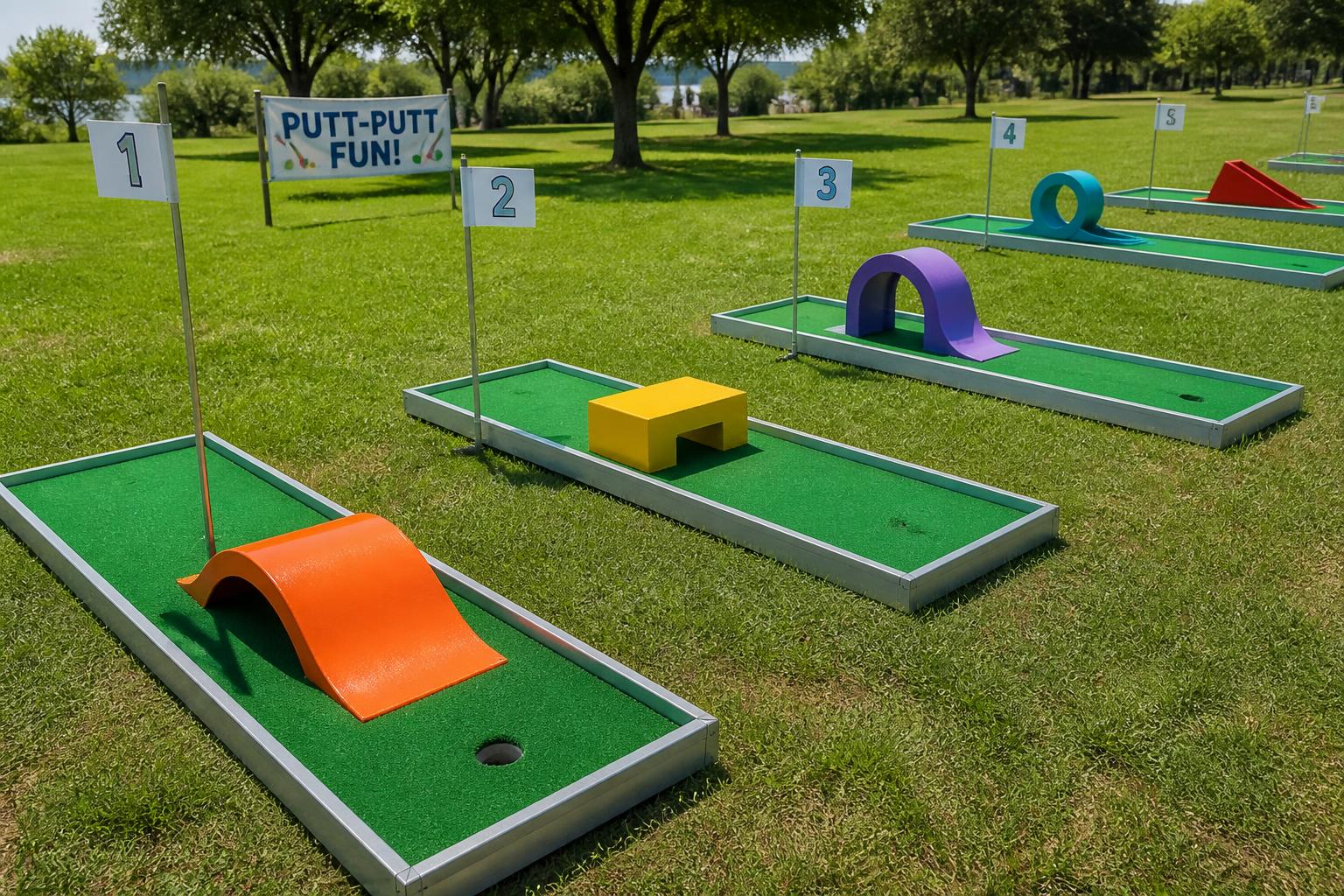 Family enjoying portable mini golf in a Texas backyard